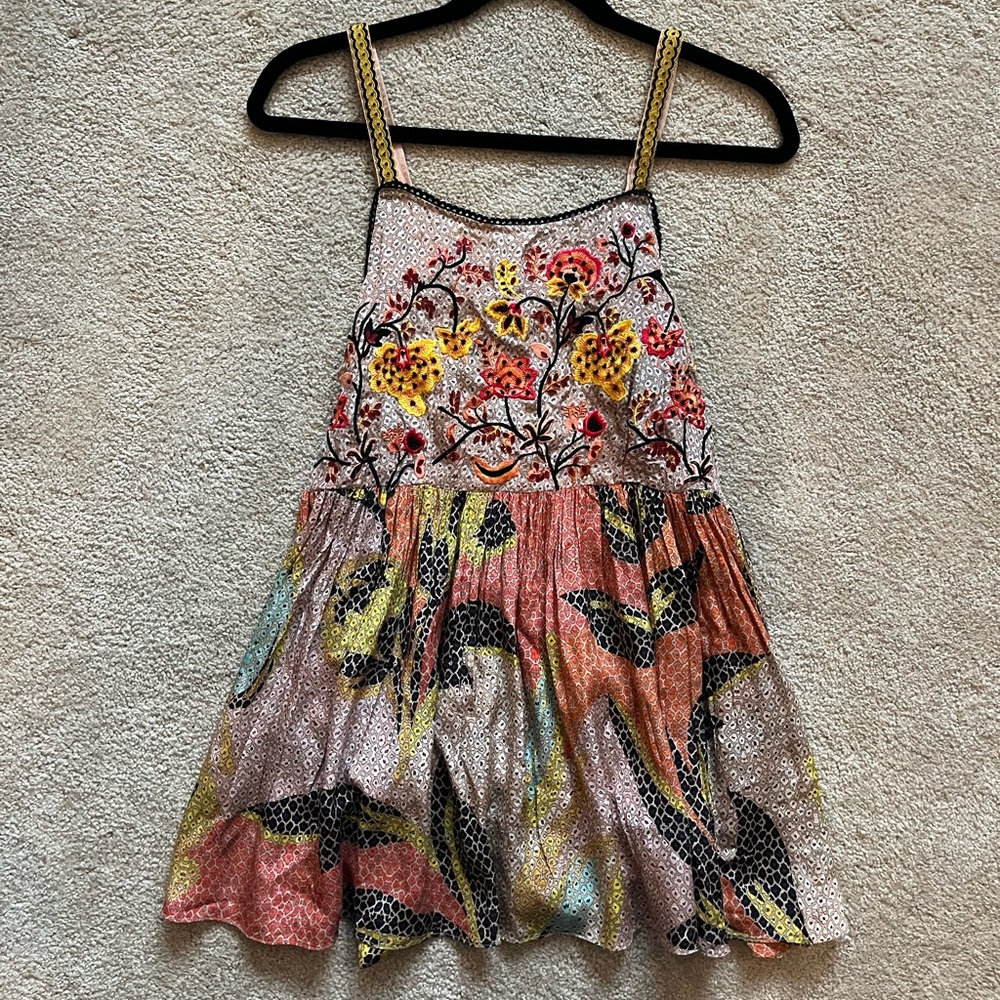 Anthropologie Pink and Yellow Smocked Sleeveless Top